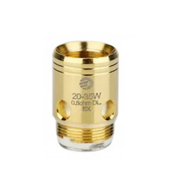 Cabezal Joyetech Exceed de acabado dorado, con rosca y orificios laterales; lleva las inscripciones 20–35 W y 0,5 ohm DL.