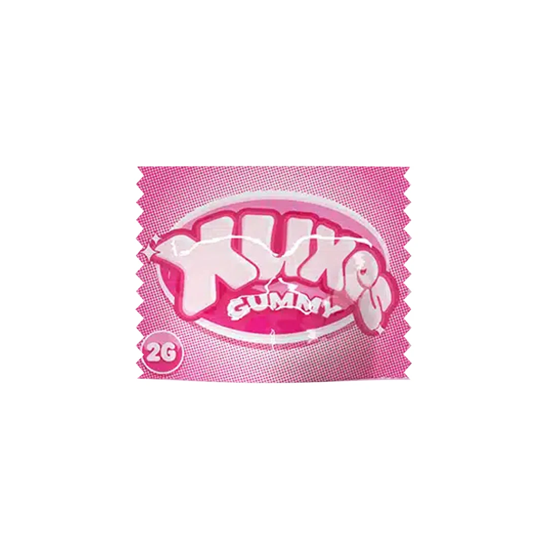 Sobre rosa de Xuxes Gummy con bordes dentados, letras blancas grandes y la indicación de 2 g sobre fondo blanco.