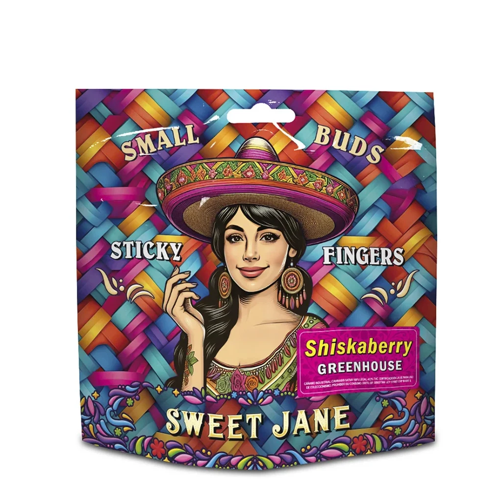 Bolsa Sweet Jane Small Buds con etiqueta Shiskaberry Greenhouse, fondo multicolor y una mujer ilustrada con sombrero de ala ancha.