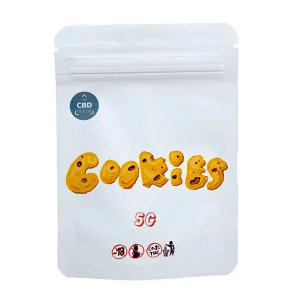 Bolsa blanca con cierre resellable, logotipo CBD House, letras Cookies con aspecto de galletas y la indicación 5G.
