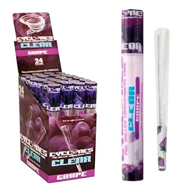 Expositor de conos Cyclones Clear Grape con tubos morados, un tubo individual y un cono transparente decorado con uvas.