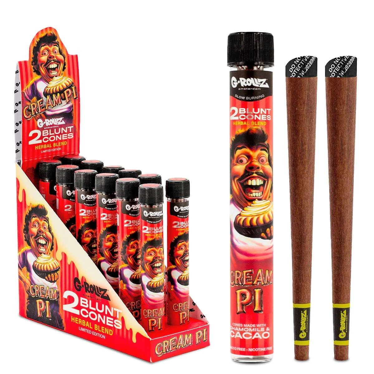 Expositor y tubo G-Rollz Cream Pi con dibujos rojos y amarillos, junto a conos marrones con boquilla y banda de marca.