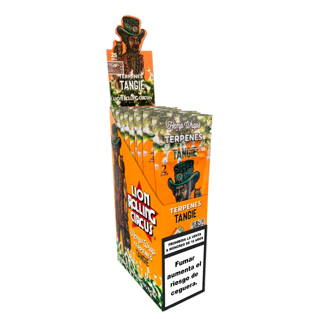 Expositor naranja de Hemp Wraps Tangie de Lion Rolling Circus, con varios sobres y un personaje con sombrero de copa.