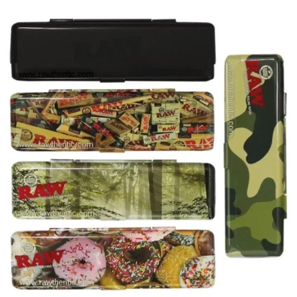 Selección de cajitas alargadas RAW para papel de fumar con diseños negro, collage de envoltorios, bosque, dónuts y camuflaje.