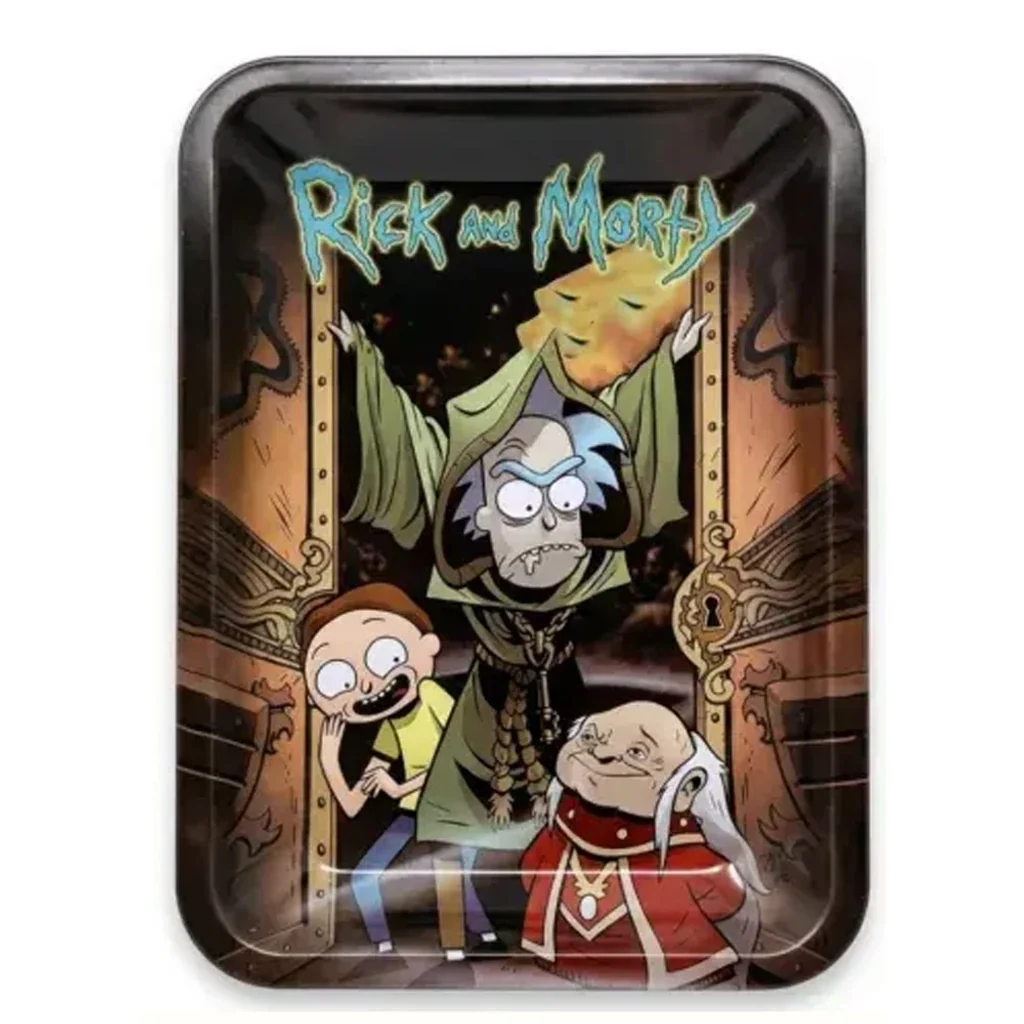 Bandeja rectangular Rick & Morty Afterlife con bordes redondeados y escena de los personajes entre puertas ornamentadas.