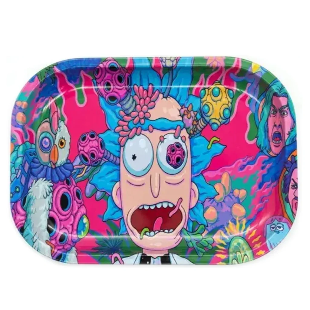 Bandeja rectangular de esquinas redondeadas con un personaje de pelo azul y gesto sorprendido entre dibujos de colores intensos.