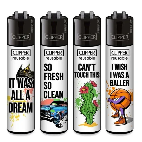 Selección de mecheros Clipper HipHop Slogan con cuerpo blanco, parte superior negra y diseños de corona, coche, cactus y balón.