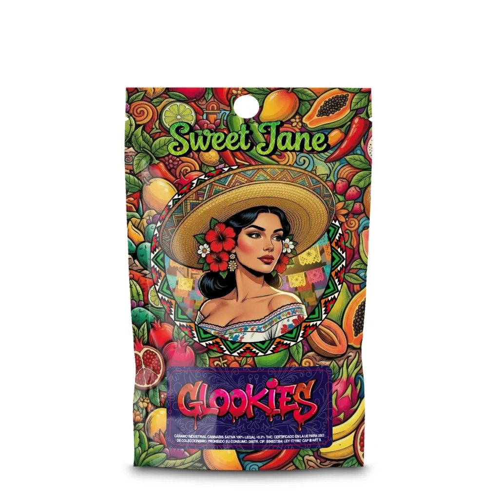 Bolsa Sweet Jane Glookies con ilustración de una mujer con sombrero y flores en el cabello, rodeada de frutas y motivos multicolores.