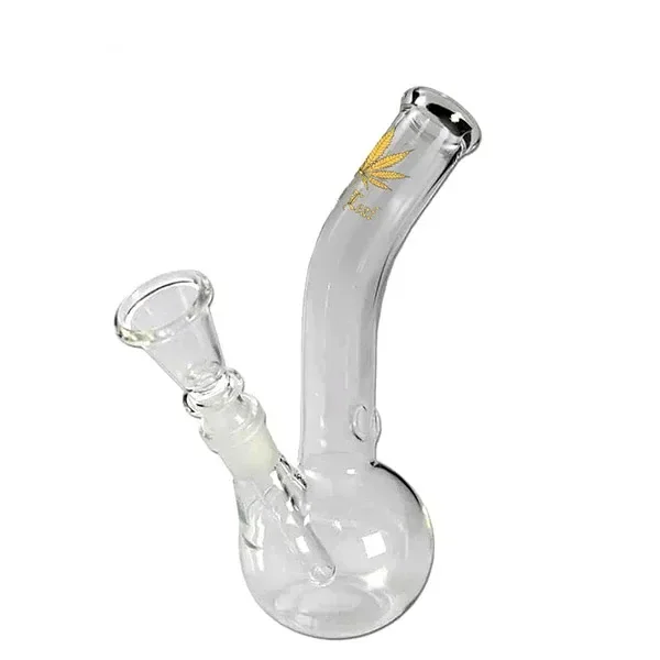 Bong de cristal transparente Gold Leaf con base redondeada, cuello curvado, cazoleta lateral y hoja dorada en el tubo.