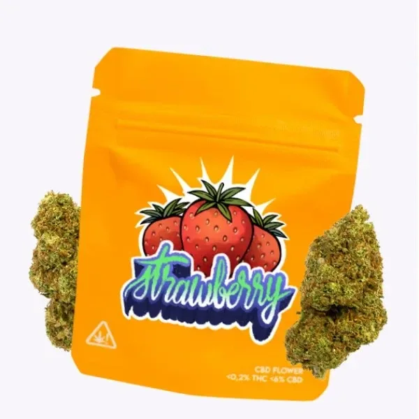 Bolsa naranja de cáñamo CBD Strawberry con dibujos de fresas y cogollos verdes a ambos lados sobre fondo blanco.