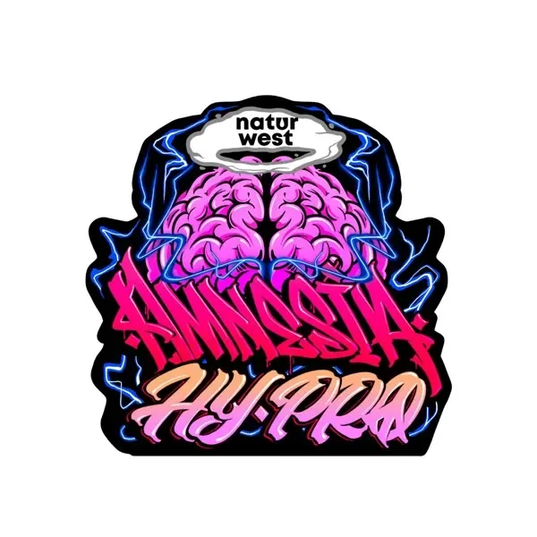 Diseño de Naturwest Amnesia Hy Pro con cerebro rosa, rayos azules y letras de estilo grafiti sobre fondo negro recortado.