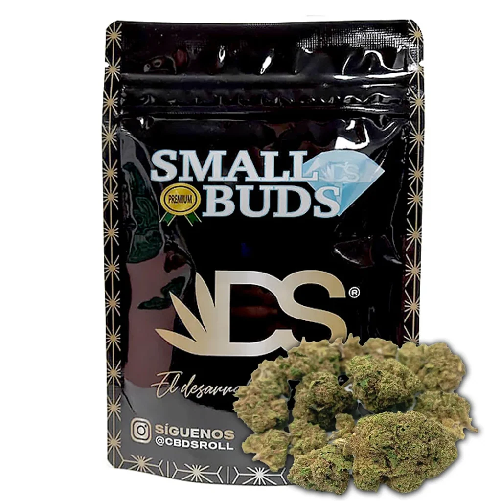 Bolsa negra CBDSROLL Small Buds Orange Sherbet con cierre y varios cogollos pequeños delante, sobre fondo blanco.