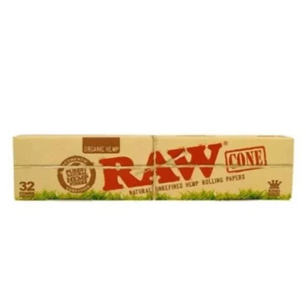 Caja alargada RAW Organic Hemp de conos King Size, con logotipo rojo e indicación de 32 conos, sobre fondo blanco.
