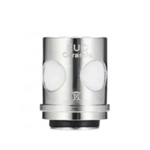 Resistencia Vaporesso EUC Ceramic de acabado plateado, con cuerpo cilíndrico, aberturas laterales blancas y junta negra en la base.