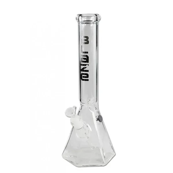Bong Cristal Ice Hexa transparente, con base hexagonal, cuello largo, cazoleta lateral y letras negras sobre fondo blanco.