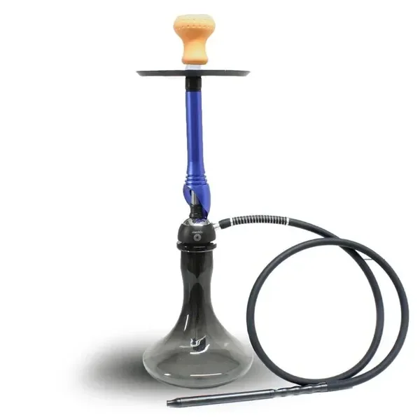 Shisha Mandala Z-19 con cuerpo azul, base translúcida oscura, cazoleta clara y manguera negra enrollada con boquilla alargada.