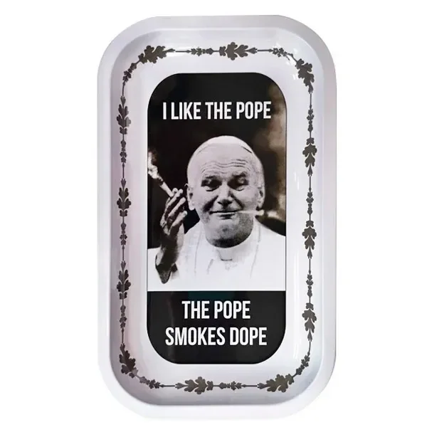 Bandeja Pope rectangular con bordes redondeados, marco ornamental y retrato en blanco y negro bajo el texto «I LIKE THE POPE».