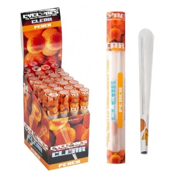 Expositor de conos Cyclones Clear Peach junto a un tubo individual y un cono transparente, con envases decorados con melocotones.