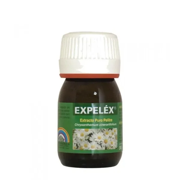 Frasco oscuro con tapón blanco y etiqueta verde de Expeléx, con flores blancas y el texto «Extracto Puro Pelitre».