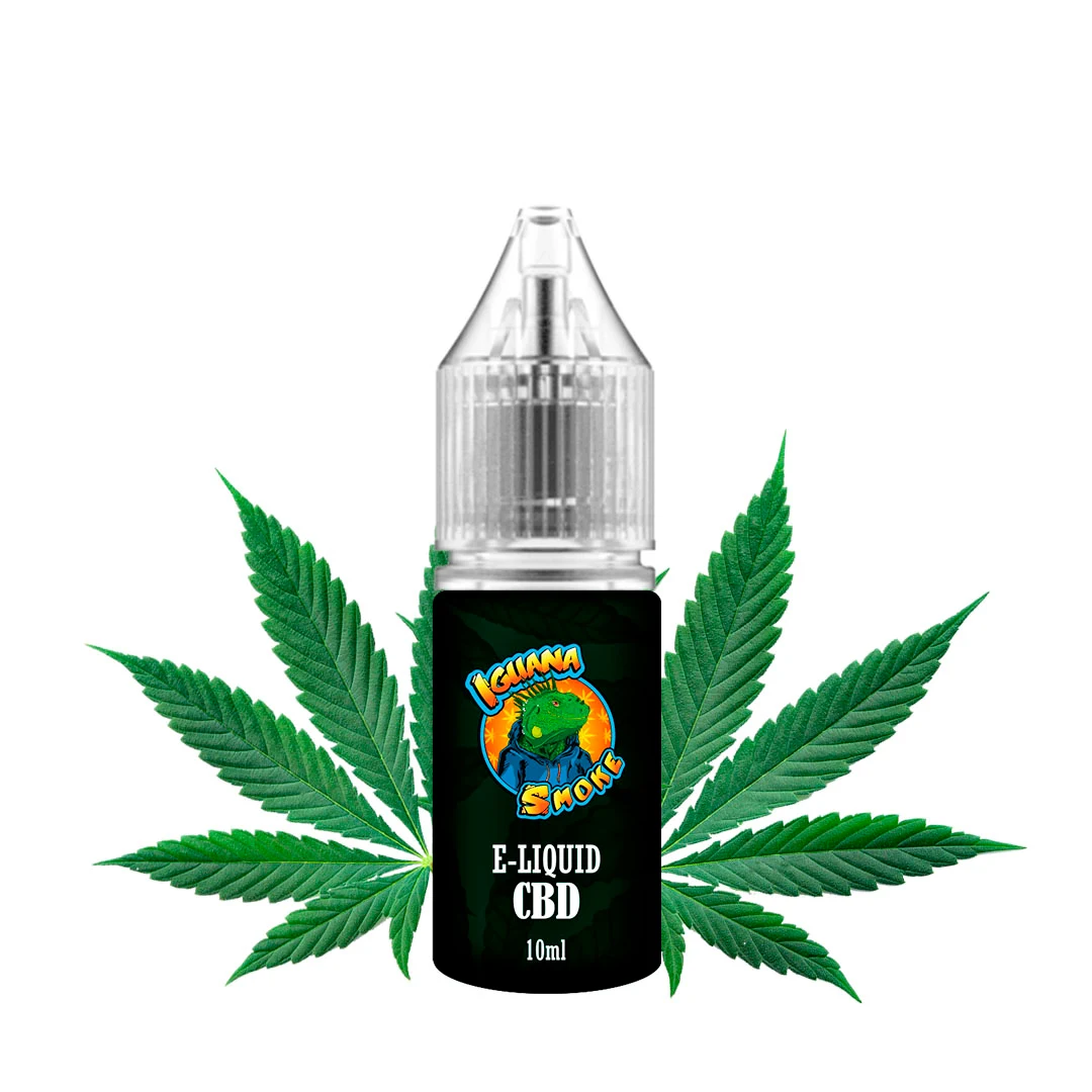 Frasco de e-liquid CBD Iguana Smoke con tapón transparente y etiqueta negra de 10 ml, delante de hojas verdes de cannabis.