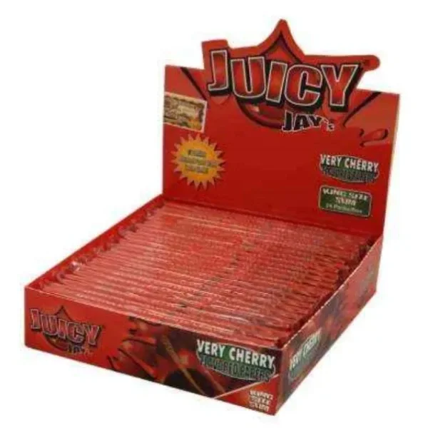 Expositor rojo abierto de papel de fumar Juicy Jay's King Size Cherry, con libritos apilados y el texto «Very Cherry» en el frontal.