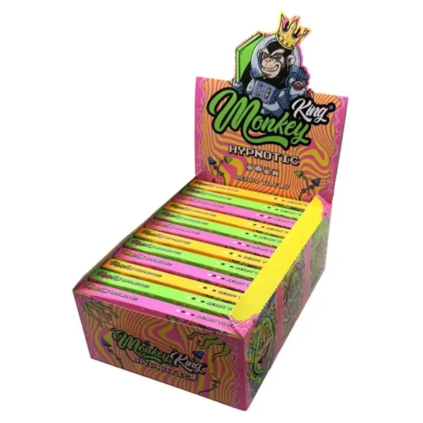 Expositor de papel Monkey King Rainbow Hypnotic con libritos de colores vivos y un mono coronado ilustrado en la cabecera.