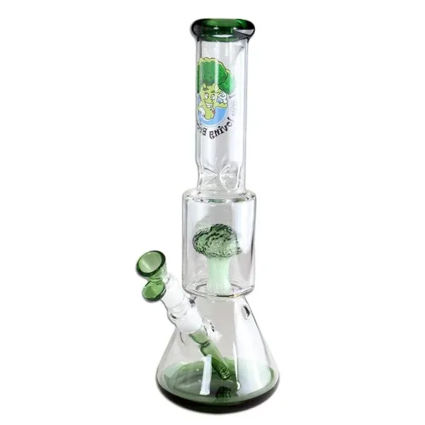 Bong de cristal transparente Broccoli con base ancha, detalles verdes, cazoleta lateral y difusor interior con forma de brócoli.