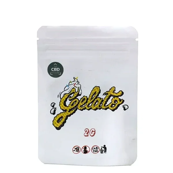 Bolsa blanca resellable de CBD House Gelato, con nombre en letras amarillas, dibujo de helado y la indicación de 2 g.