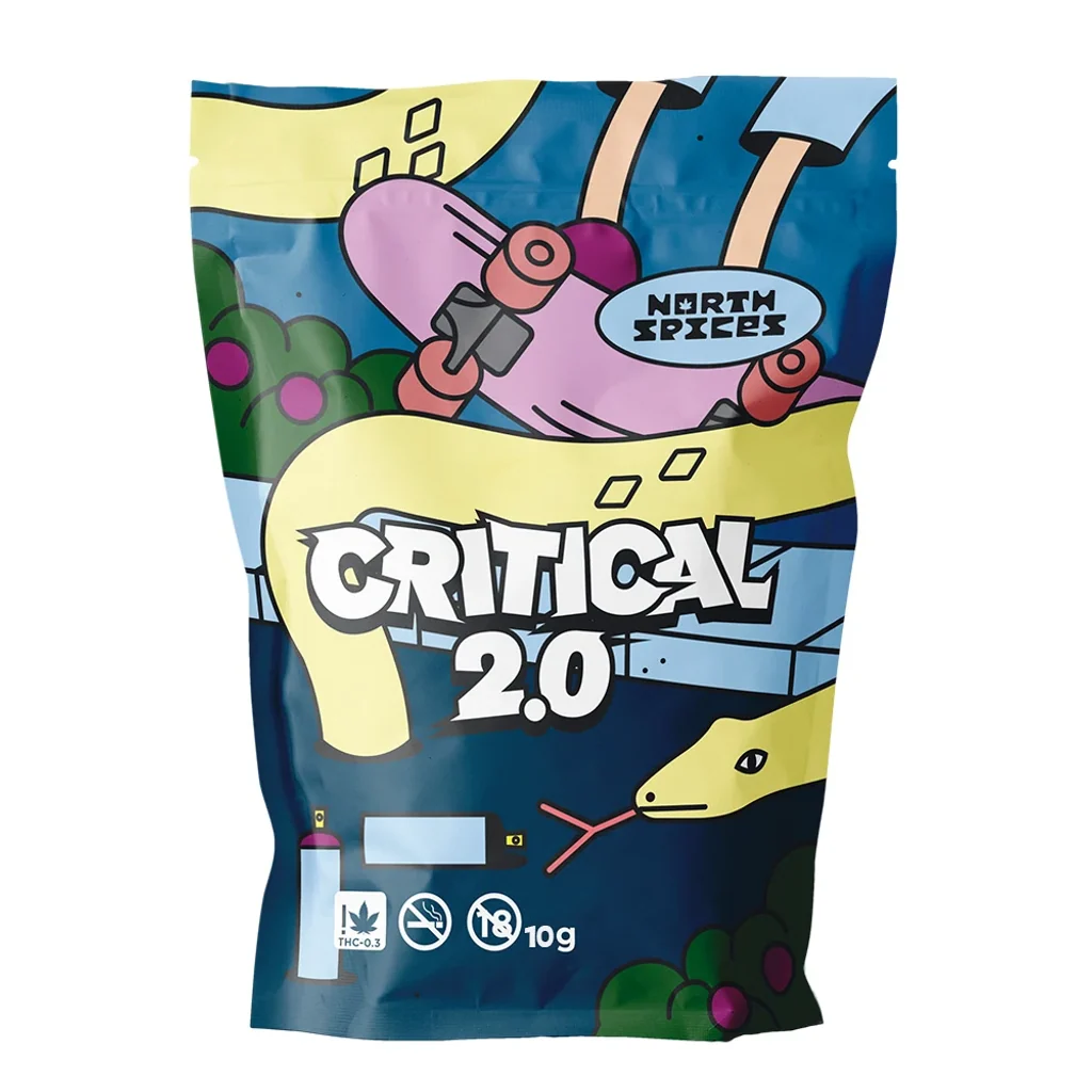 Bolsa North Spices Critical 2.0 de 10 g, con ilustraciones de un monopatín rosa y una serpiente amarilla sobre fondo azul.