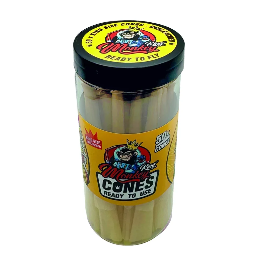 Bote transparente de conos Monkey King Size Unbleached, con tapa negra y etiqueta amarilla que indica 50 conos.