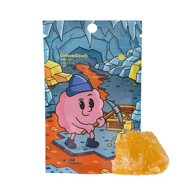 Bolsa de CBD Goodies Crumble Cotton Candy con un personaje rosa en una mina y un fragmento amarillo anaranjado delante.