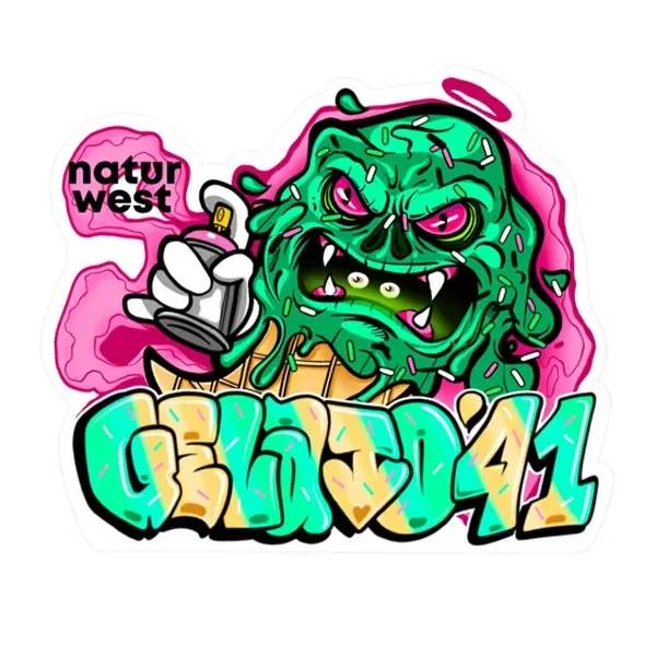 Diseño de Naturwest Gelato 41 con un monstruo verde sobre un cono, un aerosol y letras de grafiti en verde, amarillo y rosa.