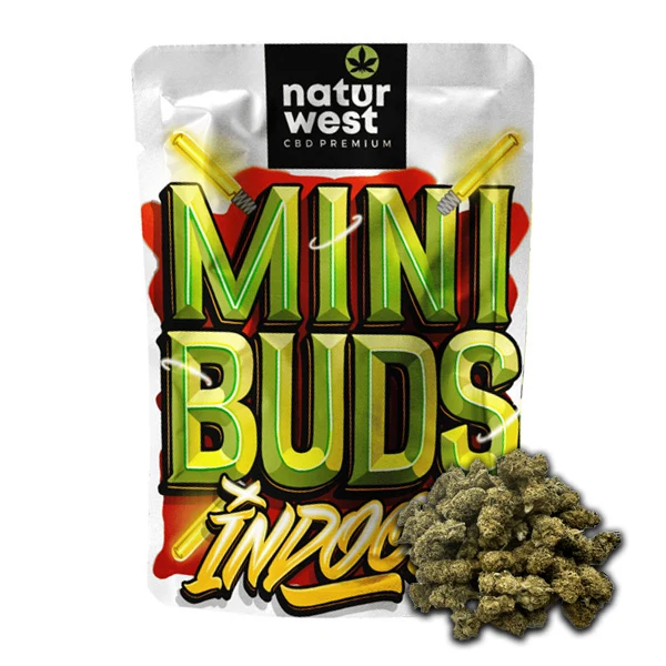 Bolsa de Naturwest con el rótulo Mini Buds Indoor y un montón de pequeños cogollos delante, sobre fondo blanco.