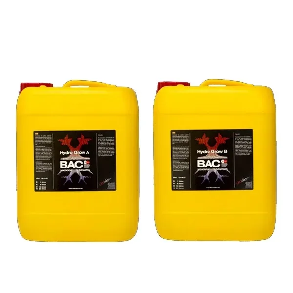 Garrafas amarillas de BAC Hydro Grow A y B, colocadas una junto a otra, con asas integradas, tapones rojos y etiquetas negras.