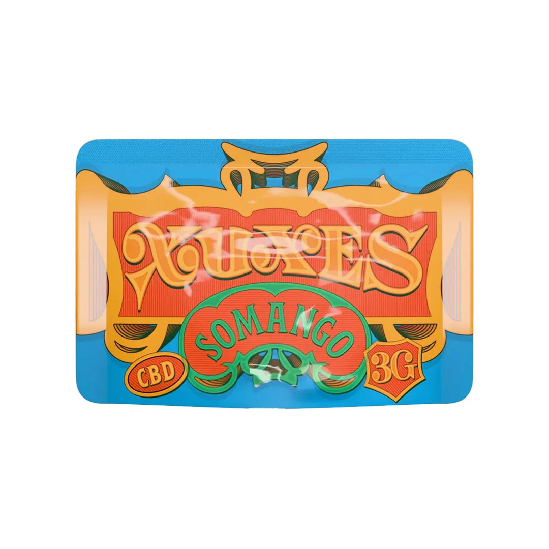 Bolsa de Xuxes Somango con fondo azul y diseño ornamental naranja, rojo y verde; aparecen las inscripciones CBD y 3G.