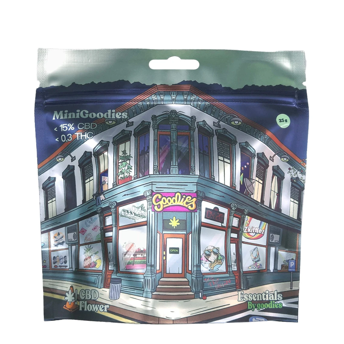 Bolsa de CBD Goodies Small Buds con una tienda ilustrada y las indicaciones MiniGoodies, 25 g, menos del 15 % de CBD y menos del 0,3 % de THC.