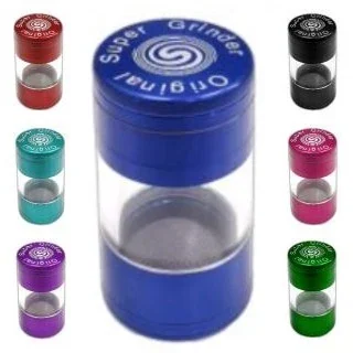 Selección de grinders Supergrinder con depósito transparente: modelo azul ampliado y variantes en varios colores a los lados.