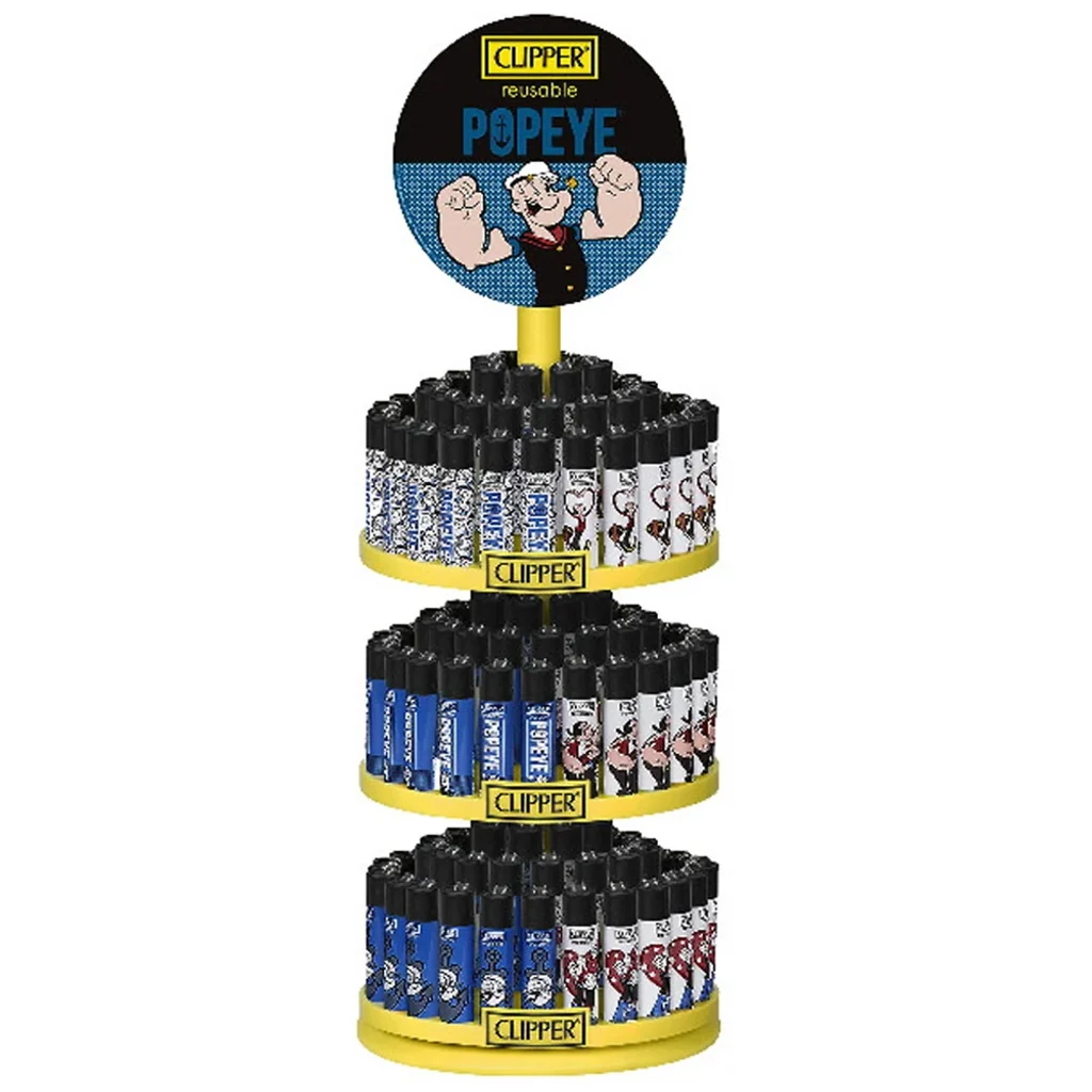 Expositor Clipper de varios niveles con bandejas amarillas, mecheros decorados con Popeye y cartel superior con el personaje.