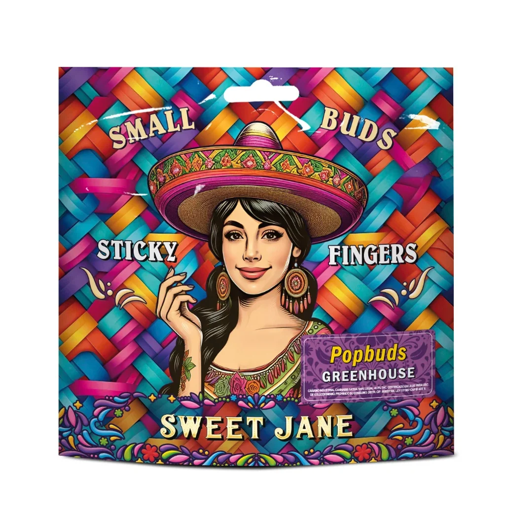 Bolsa Sweet Jane Small Buds con ilustración de una mujer con sombrero, fondo multicolor y etiqueta Popbuds Greenhouse.