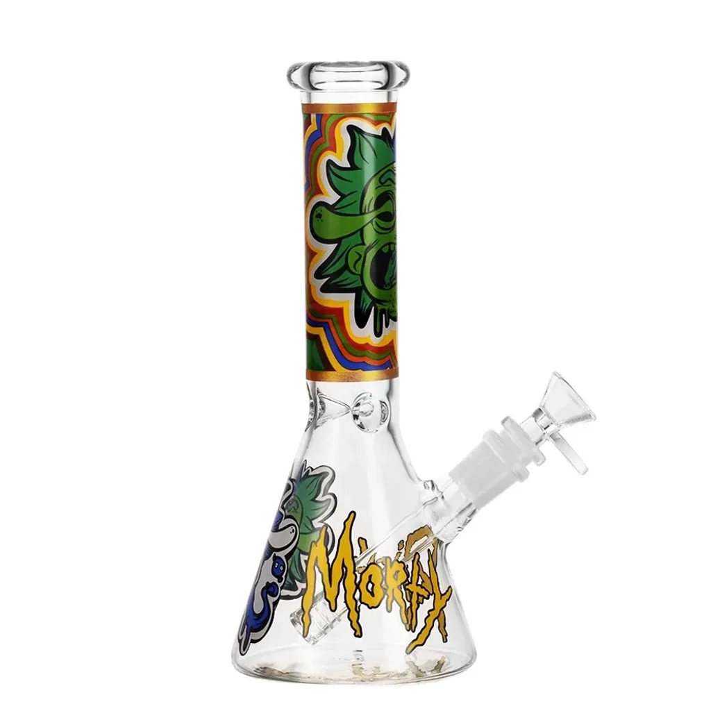 Bong de cristal transparente con base ensanchada, cazoleta lateral y dibujos verdes de estilo caricatura entre franjas multicolores.