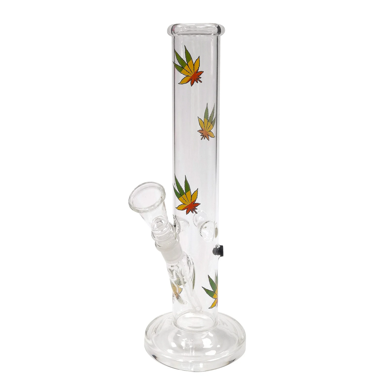 Bong de cristal transparente con tubo recto, base circular, cazoleta lateral y hojas decorativas verdes, amarillas y rojas.