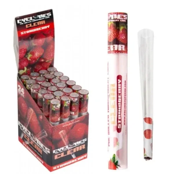 Expositor de conos Cyclone Klear Strawberry junto a un tubo individual y un cono transparente, con envases decorados con fresas.