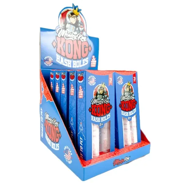 Expositor azul de conos Monkey King Kong Hash Hole con cajas verticales, ventanas transparentes y un mono coronado en el diseño.