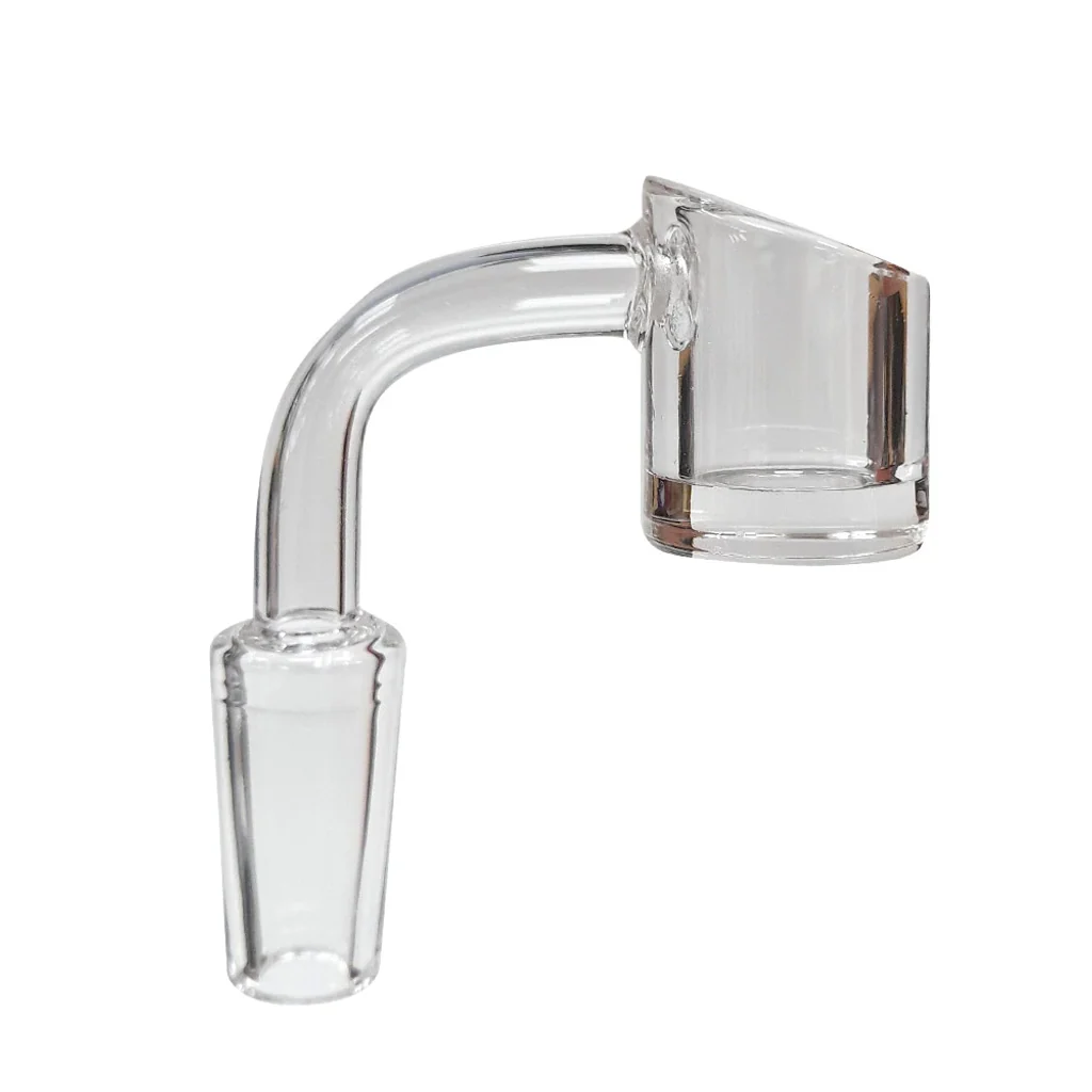 Cazoleta banger de cristal transparente con recipiente cilíndrico de borde inclinado, tubo curvado y conexión hembra, sobre fondo blanco.