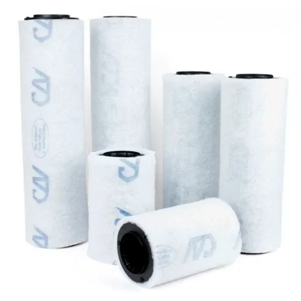 Selección de filtros cilíndricos Can Filters de distintas alturas, con cubierta blanca y aberturas negras, de pie y uno tumbado. Selección de filtros cilíndricos Can Filters de distintas alturas, con cubierta blanca y aberturas negras, de pie y uno tumbado.