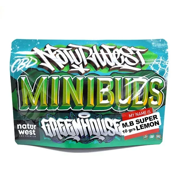 Bolsa Naturwest Mini Buds Super Lemon Haze con diseño de grafiti verde y turquesa y una etiqueta que indica 10 gramos.