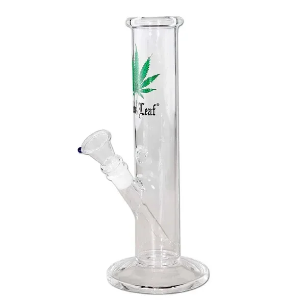 Bong transparente Stright Leaf de tubo recto, con hoja verde estampada, cazoleta lateral inclinada y base circular ancha.