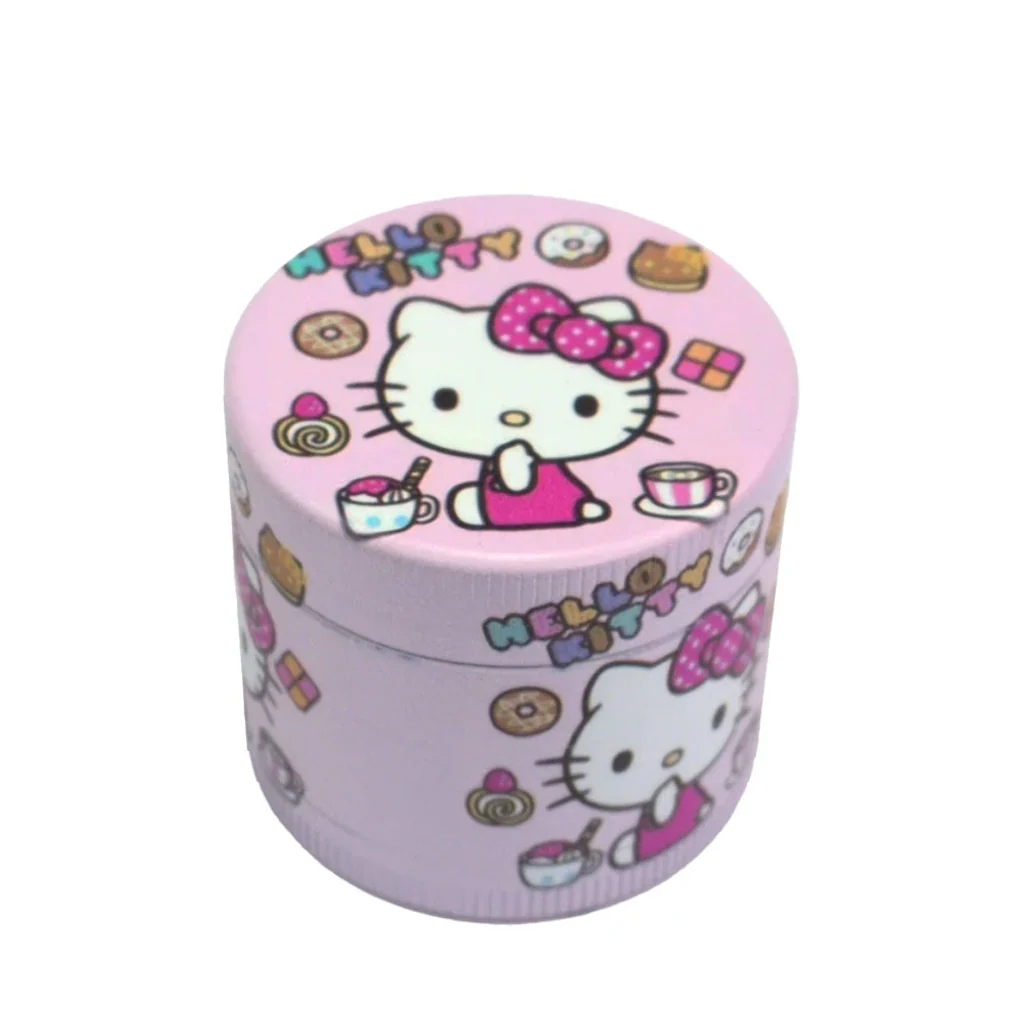 Grinder cilíndrico rosa Hello Kitty Dream, cerrado y decorado con Hello Kitty, lazos, dulces y tazas en la tapa y los laterales.