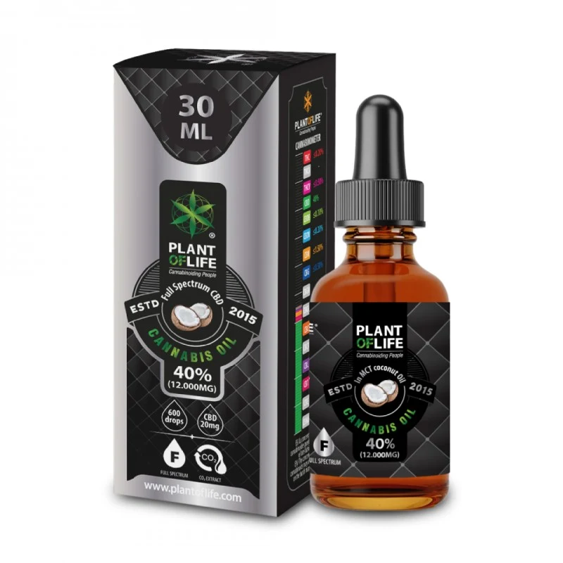 Frasco ámbar con cuentagotas de aceite de CBD Plant of Life al 40 %, junto a su caja negra y plateada con ilustración de coco.
