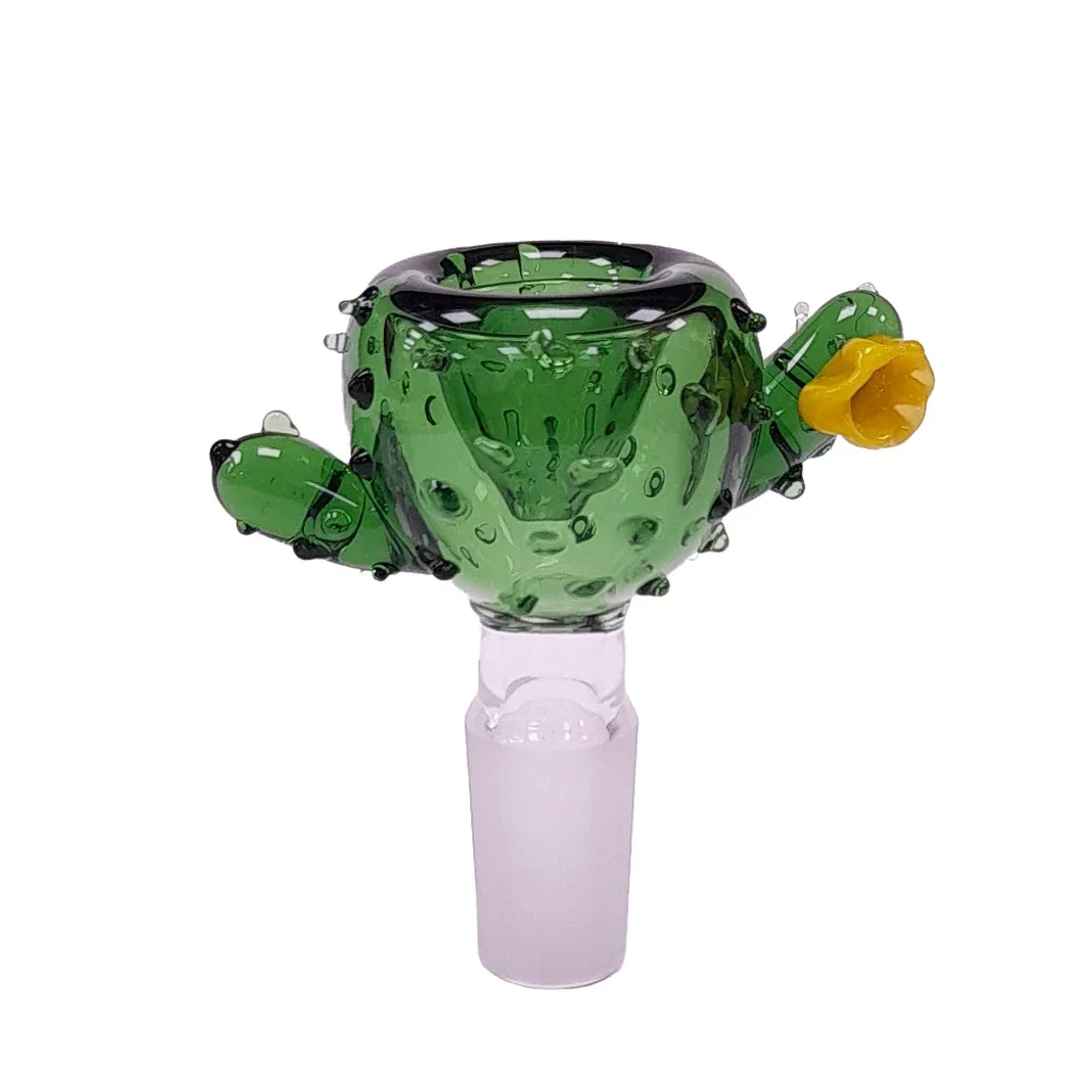 Cazoleta de cristal verde con forma de cactus, brazos laterales, flor amarilla y conector translúcido sobre fondo blanco.